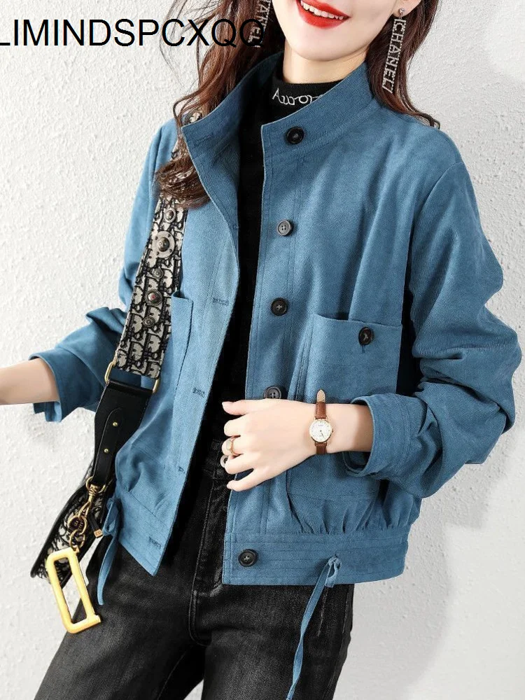 

Stand-Up Collar Corduroy Women's Jacket 2023 Spring Fashion Sashes Blue Veste Femme New Office Lady Single-Breasted Cropped Coat