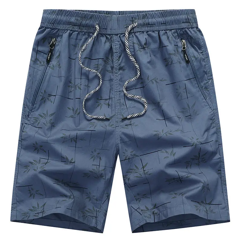 남성용 순면 해변 캐주얼 반바지, 신축성 허리 드로스트링 지퍼 포켓 프린트 패션, 루즈한 빅 사이즈 블루 스포츠 반바지, 여름
