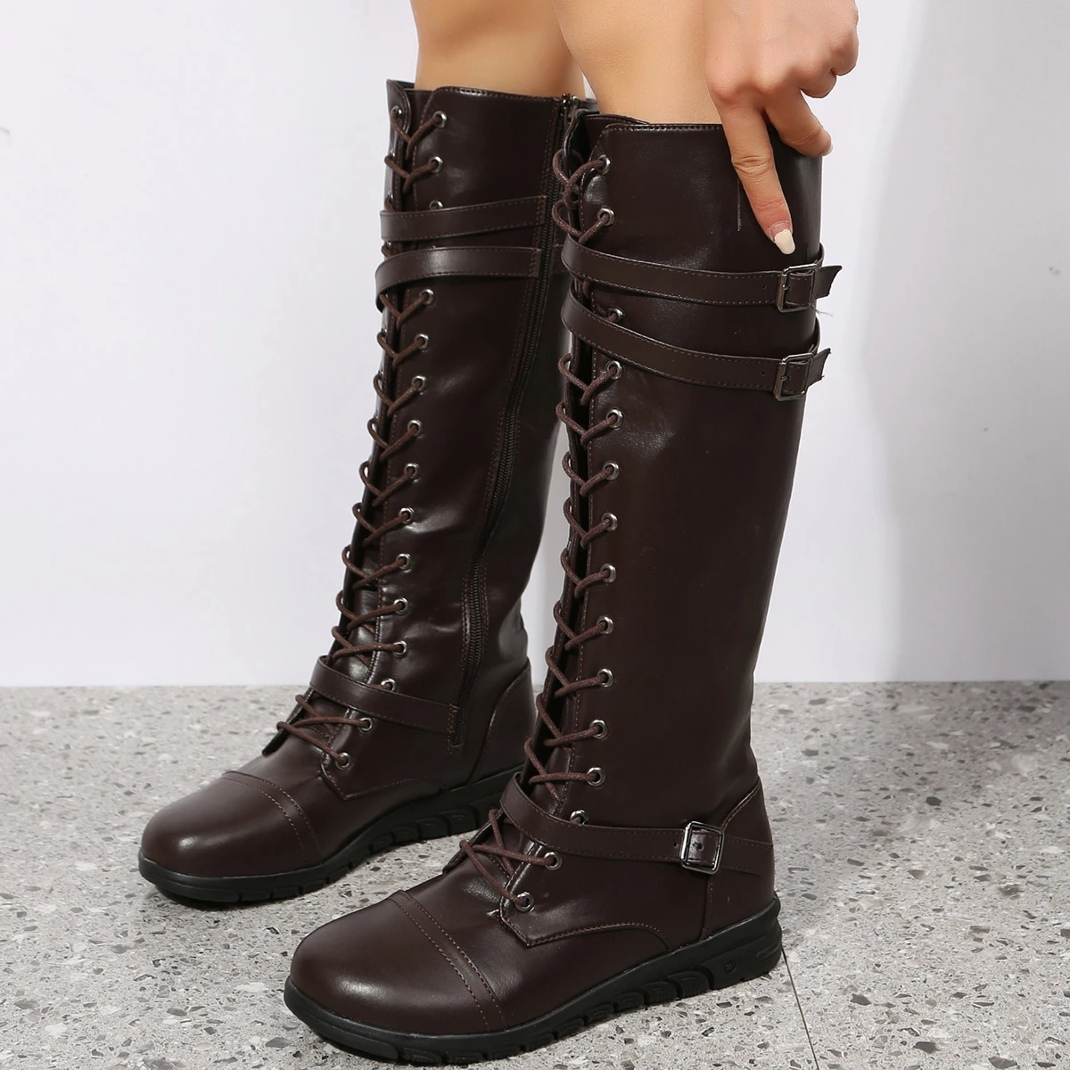 【INCHANT ME】Studded Vintage Buckle Long Boots 2024 Womens Knee-High Boots Retro Leather Lace Up Buckle