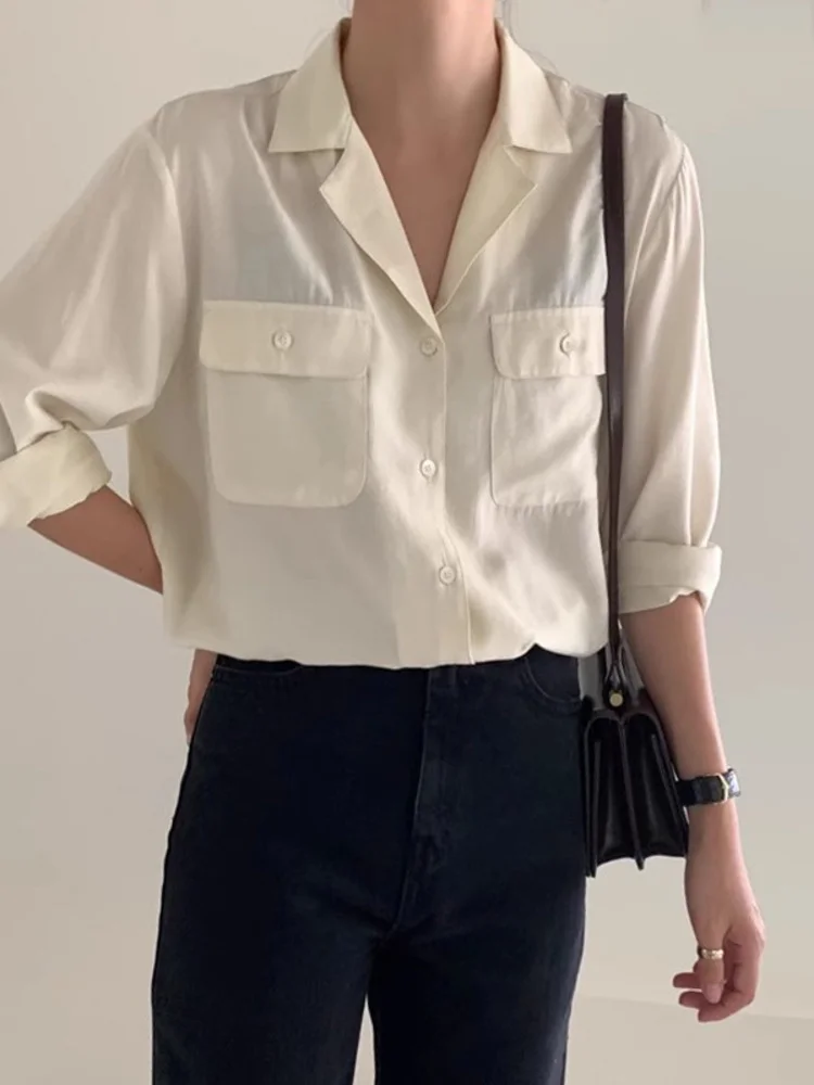 

Korean Women Double Pocket Shirt Long Sleeve Single Breasted Loose Casual Blouse 2023 Autumn New Tide Female Top X311