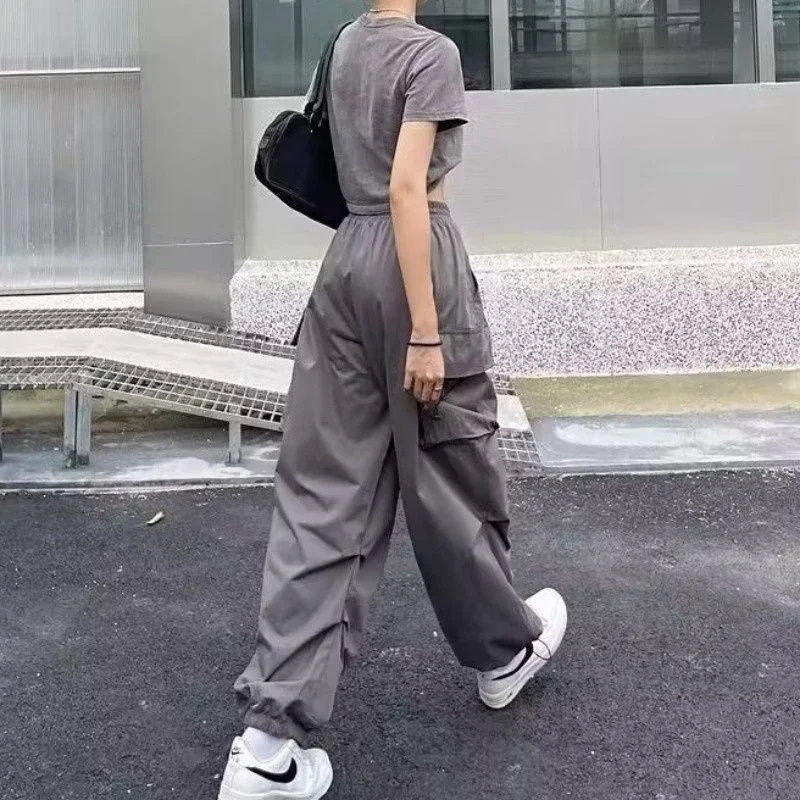 Women Y2K Cargo Pants Casual Harajuku Low Waist Drawstring Sweatpant Solid Drawstring Parachute Trousers Oversized Pants Jogger