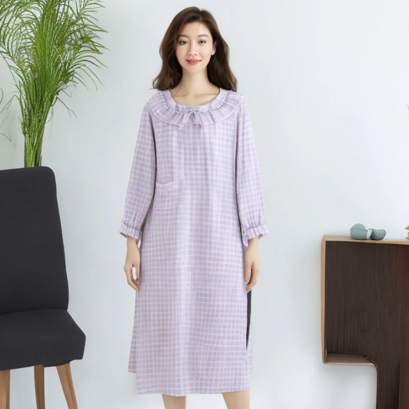 

Spring Cotton Double-layer Yarn Sleepshirts Women Long Loose Nightdress Sweet Plaid Long-sleeved Home Clothes Nighty for Ladies