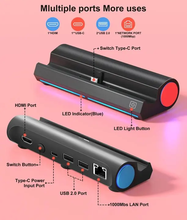 Nintendo Switch/Nintendo Switch OLED Dock(4K HDMI 어댑터/USB 2.0/Type-C 포트 포함)용 휴대용 도킹 스테이션 스위치