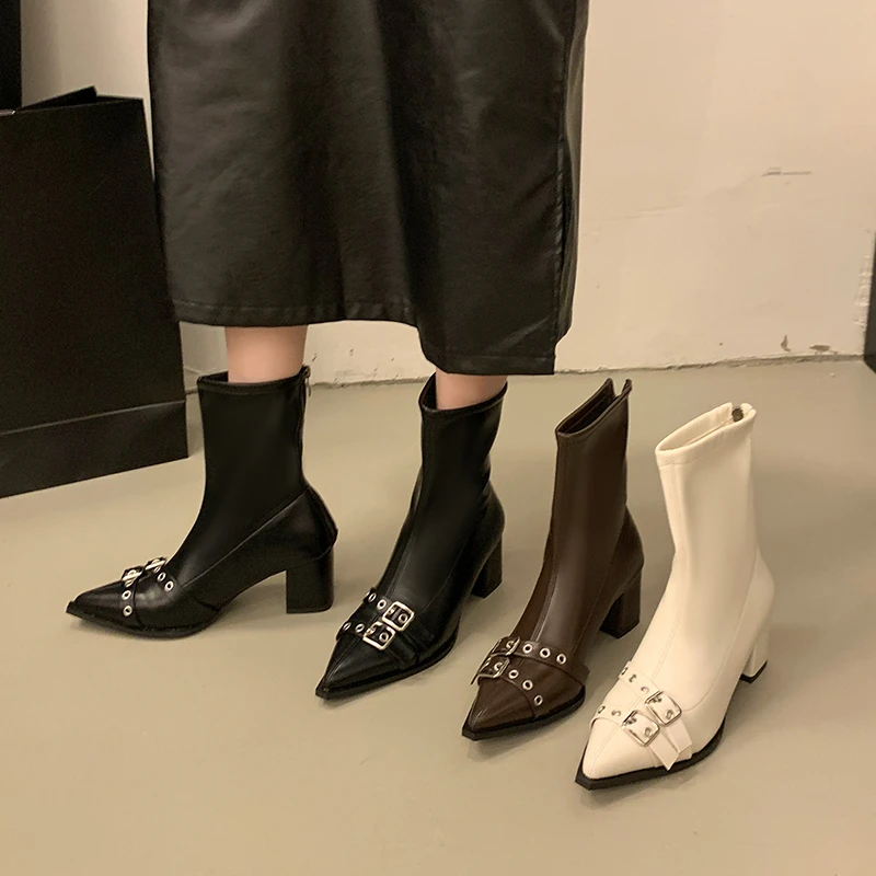 Aphixta Luxury Leather Women Ankle Boots Metal Buckle Back Zipper Close Modern Boots Shoes Woman Boats botines para mujeres