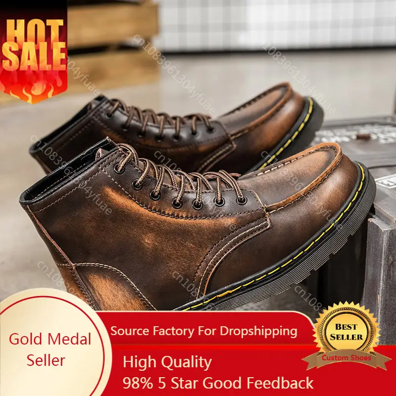 

Retro Brown Genuine Leather Men Boots Autumn Winter Short Men's Boots Casual Shoes Motorcycle Ankle Boot Men Botas Moto Hombre