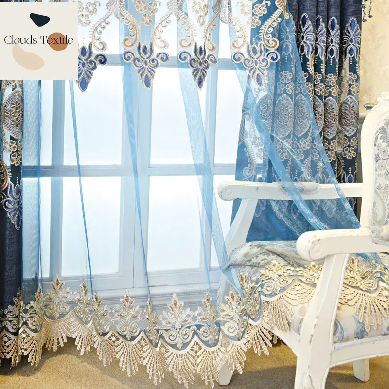 New Dark Blue Atmospheric European Style Living Room Curtains Modern