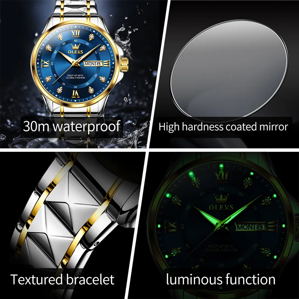 OLEVS Luxury Men Quartz Watch Waterproof Date Week Luminous Wristwatch Stainless Steel Men's Watches Male Clock Sports Reloj