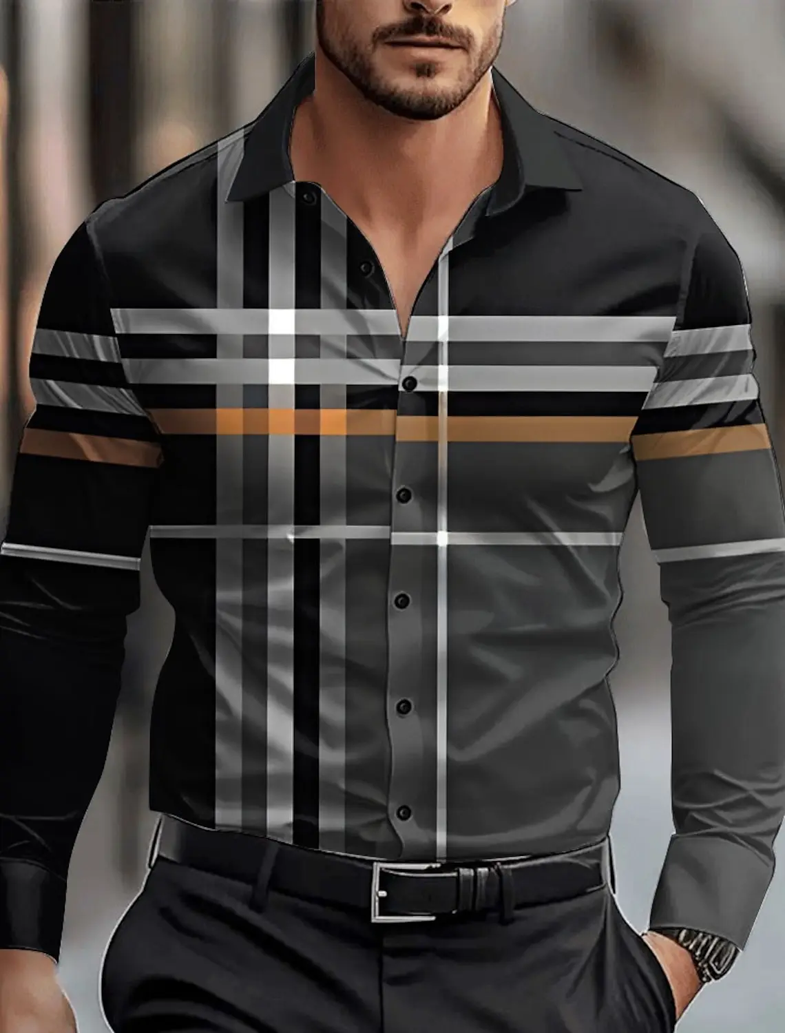 thumbnail image 1 of Camisa de vestir informal de negocios con diseño geométrico para hombre, camisa abotonada de manga larga, ropa de trabajo para uso diario, cuello de camisa para otoño e invierno, ropa con estampado 3D, 1 of 4