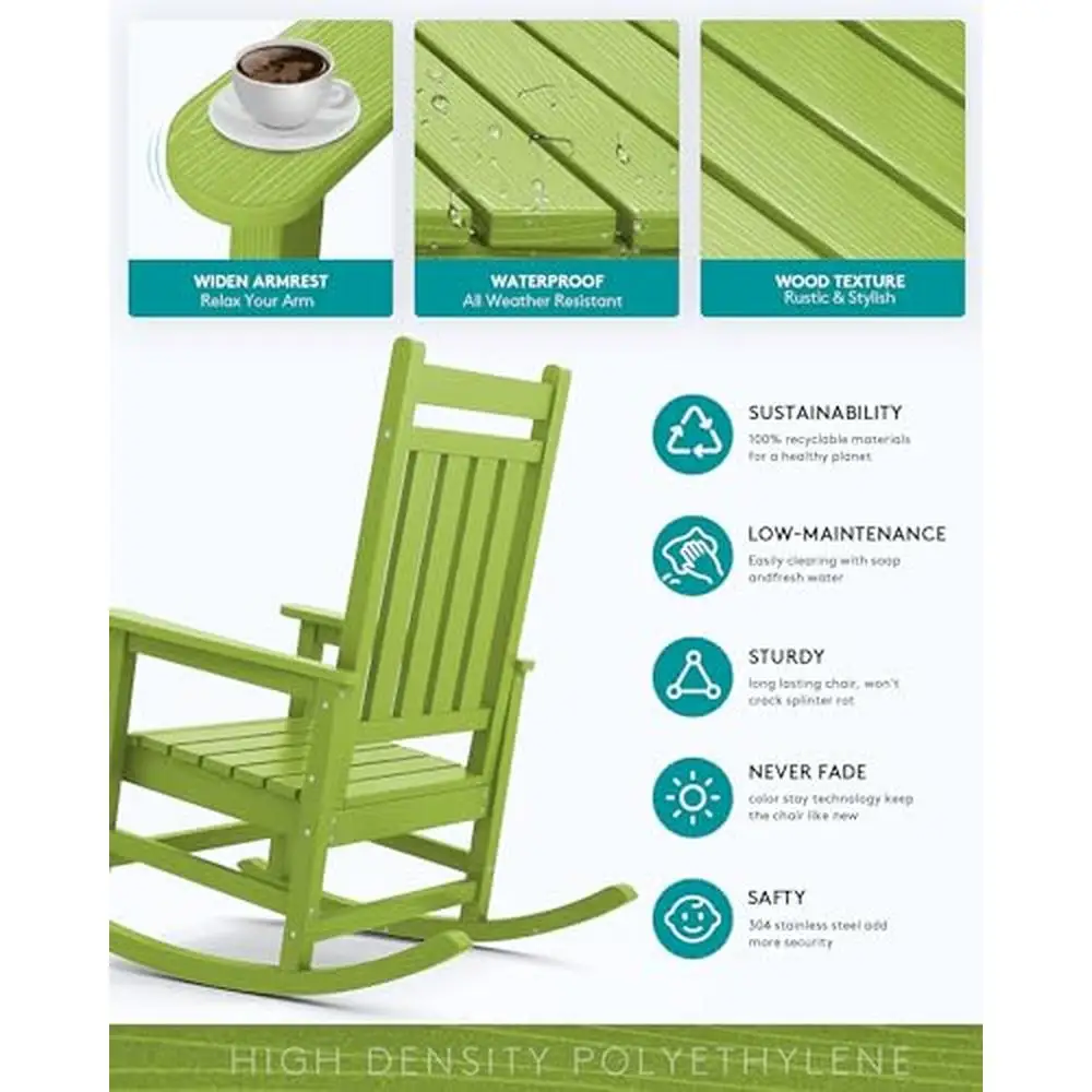 Outdoor Rocking Chair Adults All Weather Resistant Porch Rocker Garden Ergonomic Backrest High Density Polyethylene Lime