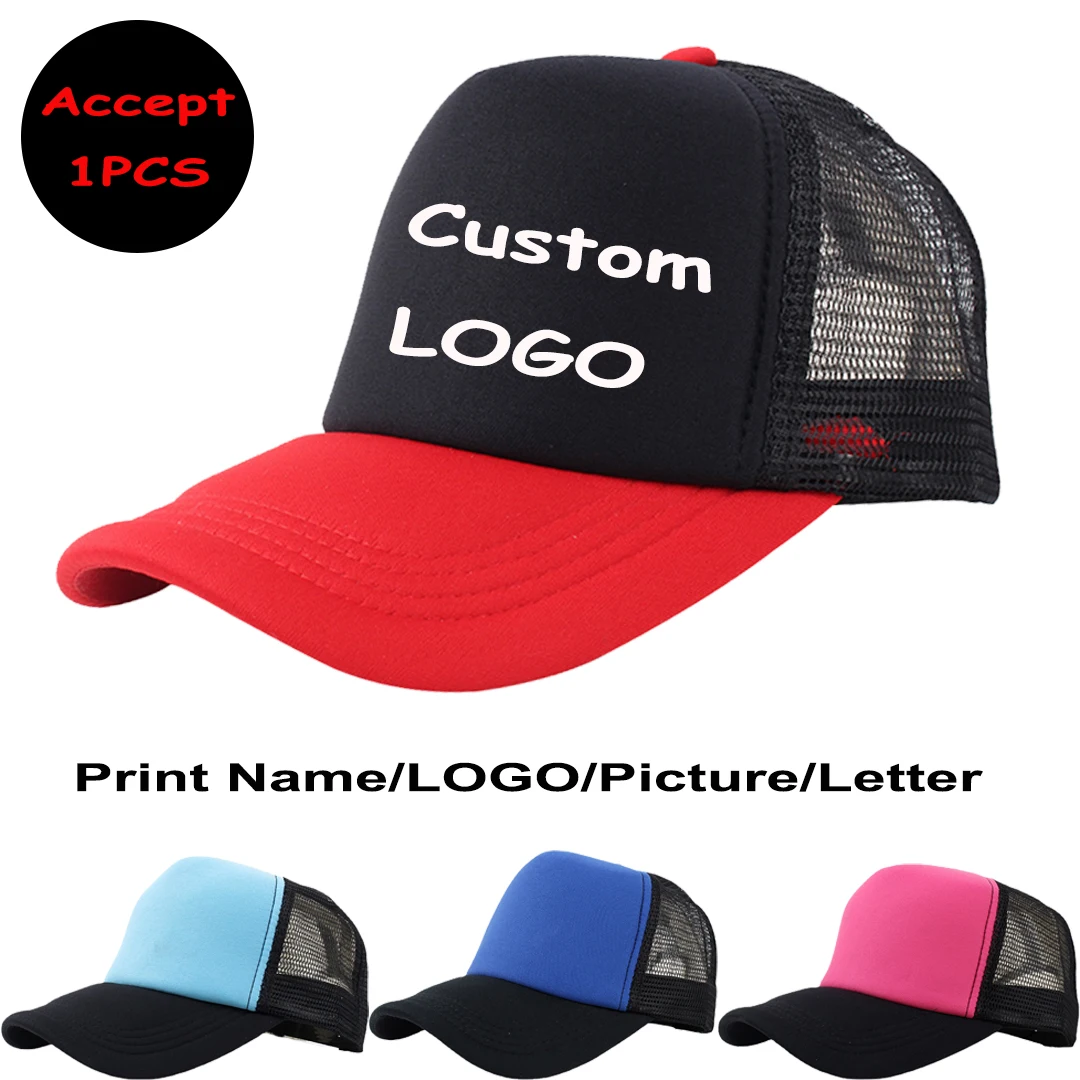 

62Colors Free Custom Brand LOGO Text Design Personality DIY Trucker Hat AD Baseball Cap Men Women Blank Mesh Adjustable Gorras