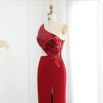 Luxury Diamond Red Mermaid One Shoulder Evening Dresses with Side Slit Royal Blue Women Wedding Party Gowns 060 2