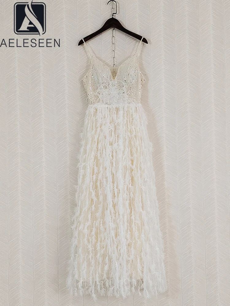 

AELESEEN Runway Fashion Women Long Dress V-Neck Luxury Sequined Spaghetti Strap Feathers Beading Slim Elegant Party