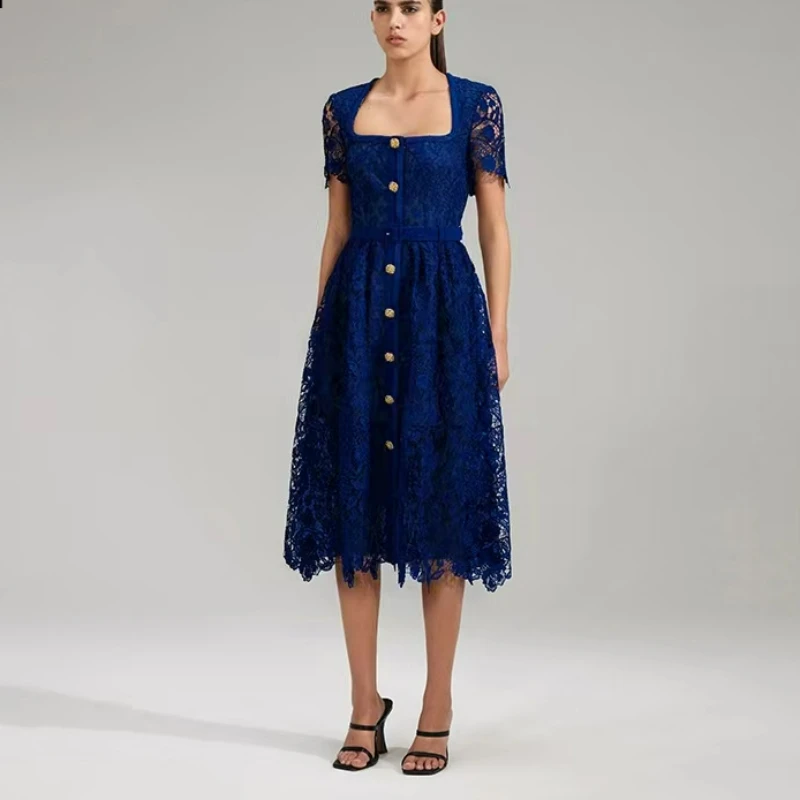 

Women Blue Heavy Lace Square Neck Sexy Dress Spring Summer 2023 New
