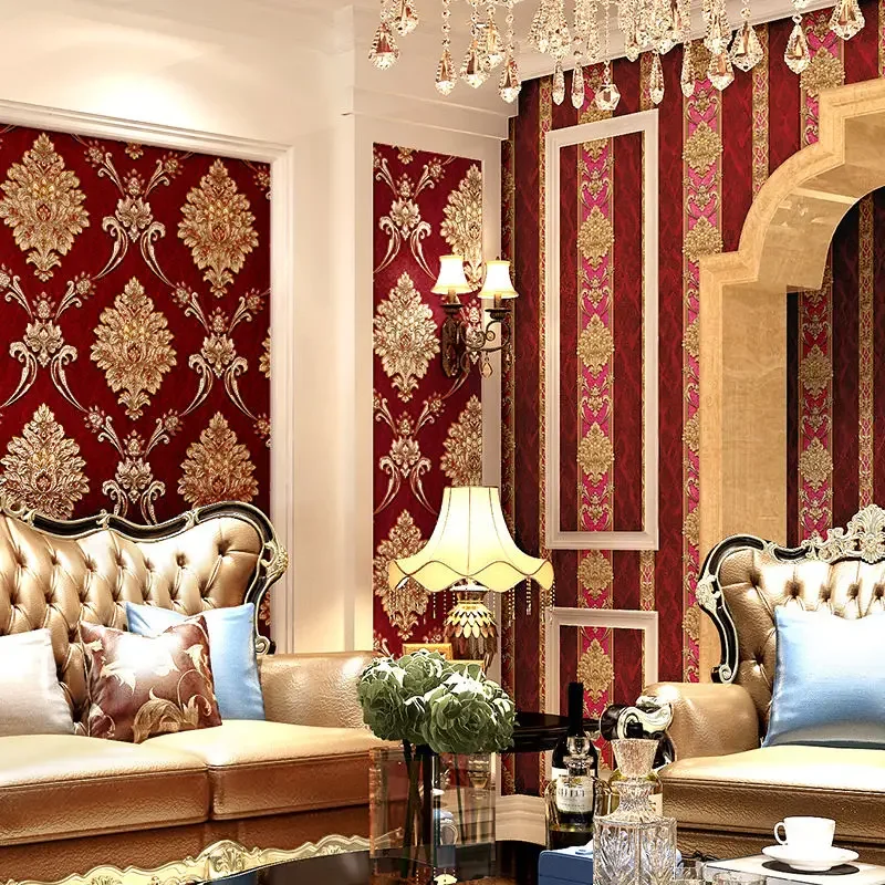 ยุโรปสไตล์ Blue Damask 3D PVC นูนวอลล์เปเปอร์ห้องนอนห้องนั่งเล่นลายไวนิลผนังกระดาษดอกไม้ papel de pared 1