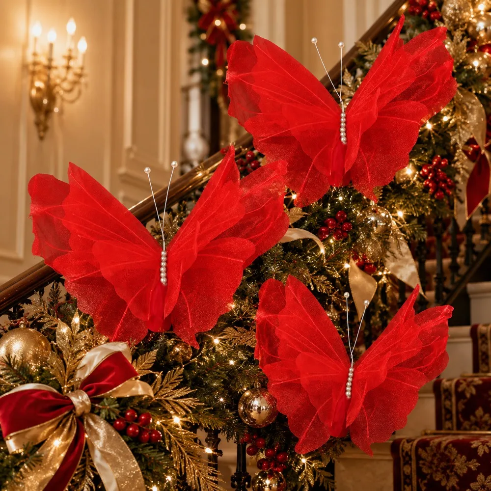 Set of 3 Large 3D Red Butterfly Christmas Decorations - Laser-Sprayed Silk Finish