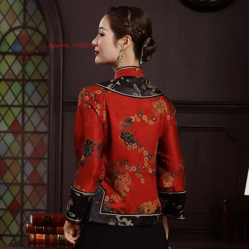 chinese improved satin qipao blouse female ethnic shirt oriental flower print cheongsam tops tang suit retro blouse