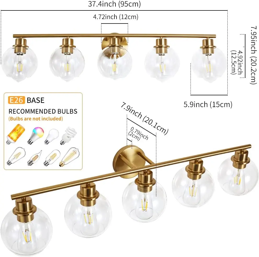 LED Bathroom Mirror Light Metal Brass Wall Mounted Vanity Lamp