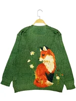Autumn and winter new chic versatile long-sleeved women's top with fox animal digital print pattern stylish women's thin sweater 2