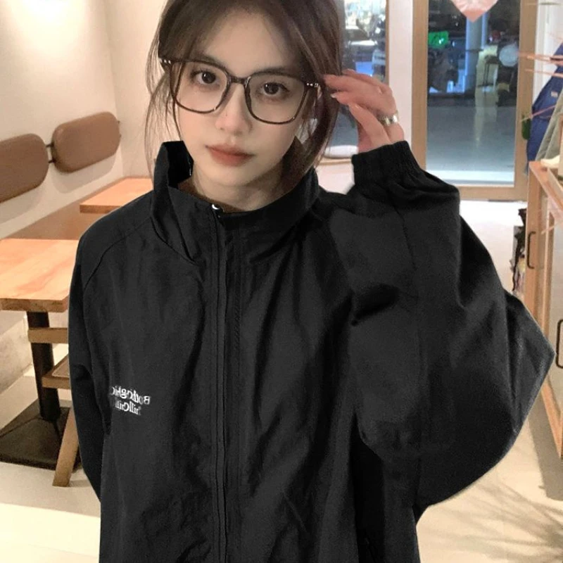 

QWEEK Windbreaker Vintage Black Jacket Women Harajuku Style Oversize Jackets Korean Fashion Streetwear Outdoor Track Coats Fall
