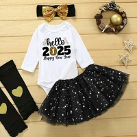 2 Piece Hello 2025 Print Baby Girls Romper Dress Set Happy New Year Girl Long Sleeve Bodysuit Tutu Skirt Infant Dresses Outfit 1