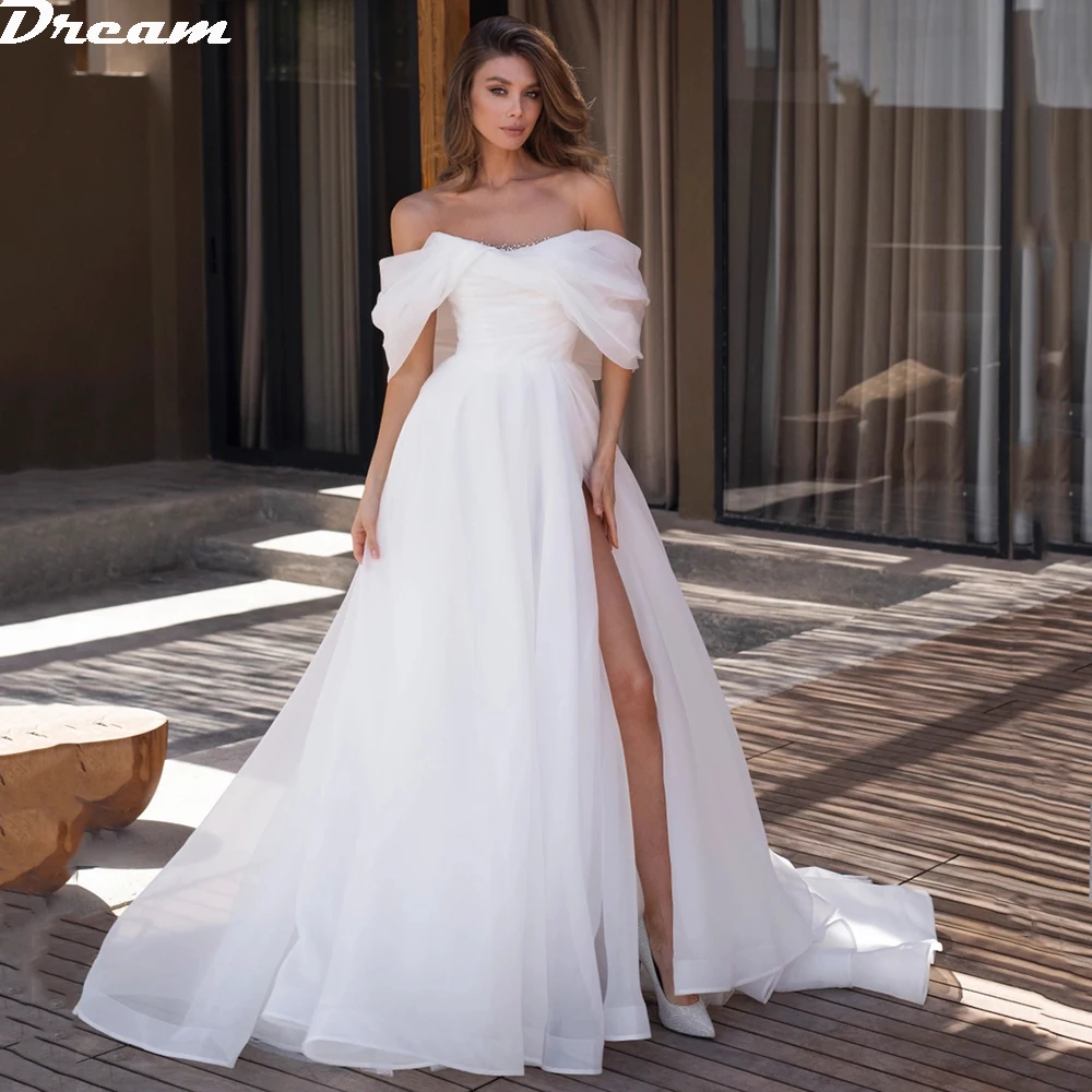 

DREAM Off The Shoulder Princess Wedding Dresses Pleat Beadings Neck Backless Bride Dress High Side Split Beach Boho Bridal Gowns