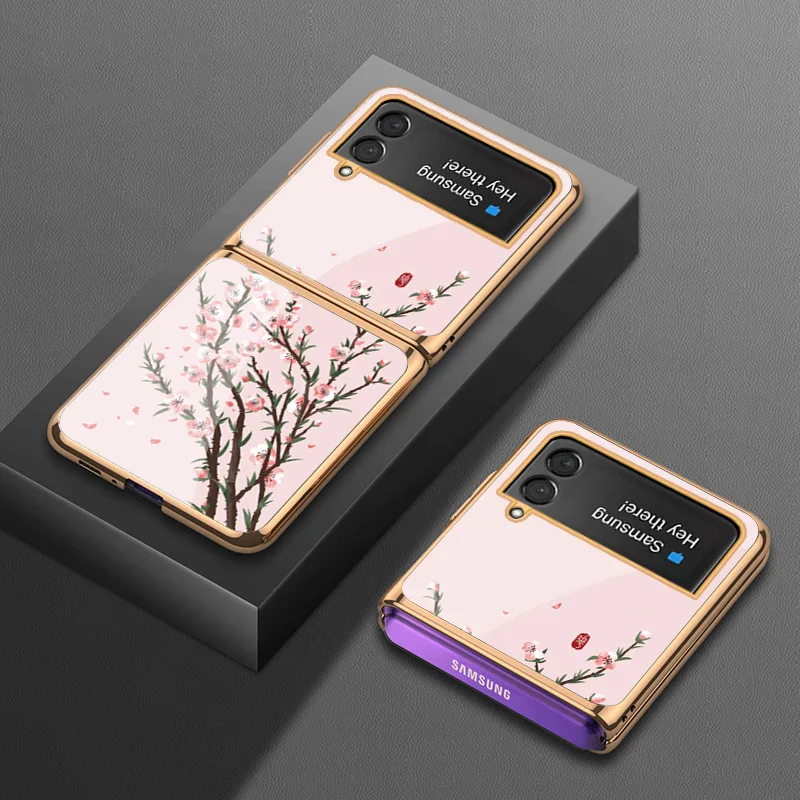 

Plating Tempered Glass Case for Samsung Galaxy Z Flip4 Case Retro Gold Rose Painted Shockproof Shell for Samsung Z Flip 3 Case