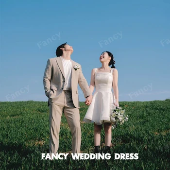 Fancy Korea Mini A Line Wedding Dress Square Neck Bridal Gown Organza Back Zip Corset customized