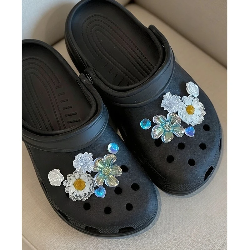 자연 건조 데이지 꽃 신발 장식품 (여자아이/여성용) 잎사귀 해바라기 구멍 있는 신발 장식 샌들/클로그 버클 액세서리
