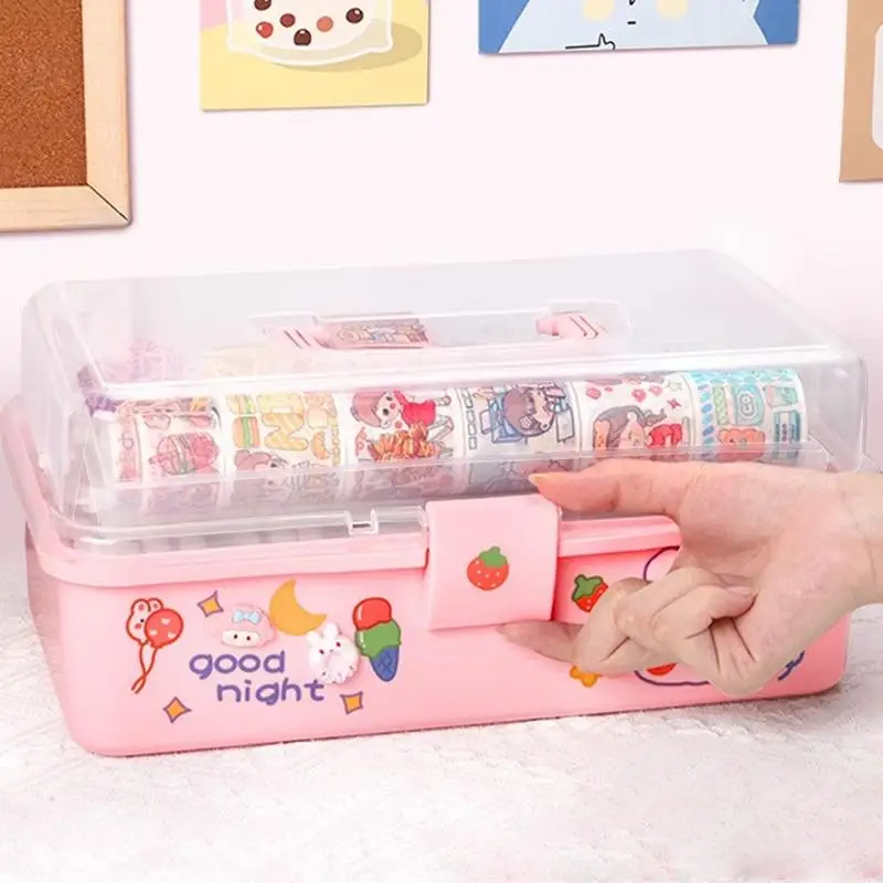 Stationary Organizer Box Handled Pink Tool Box Portable Storage Box Clear Multi-Layer Storage Organizer Multipurpose Medicine