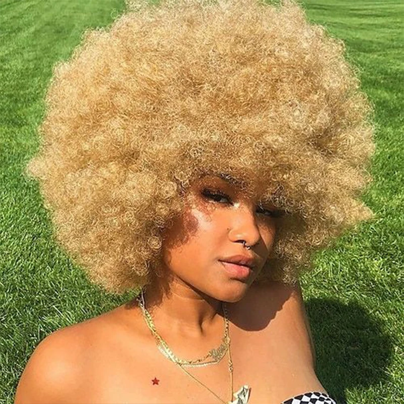 Afro Kinky Curly Wig with Bangs Short Soft Fluffy Hair Wigs for Black Women Glueless Cosplay Full Machine Wig Brown Blonde Pink ebingoo synthetic13inch straight blue 613 blonde color with bangs full machine made wig heat resistant fiber cosplay hair wigs