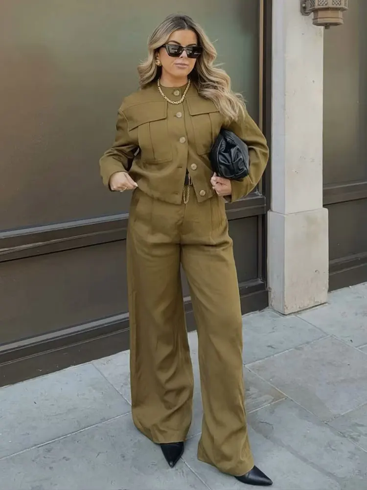 HH Women Vintage Solid Pants Sets O Neck Long Sleeve Bomber Jackets Single Breasted Cropped Coat Autumn High Street Outfits