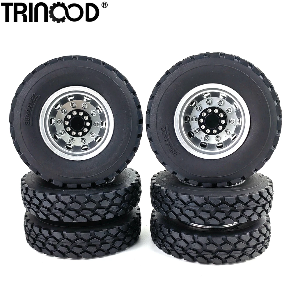 

TRINOOD 4PCS Tamiya Rear Wheel Tires Kit Metal Wheel Rim Hub 22-25mm Rubber Tyres for 1/14th Scale RC Tractor Truck Car