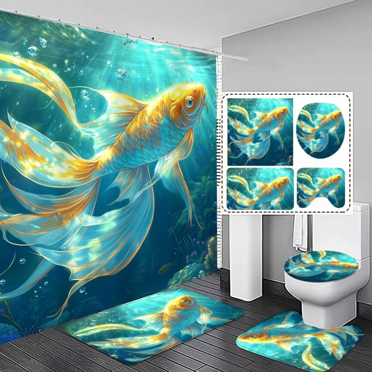 ชุดม่านอาบน้ำลายปลาทองสุดหรู 4 ชิ้น พร้อมพรมเช็ดเท้ากันลื่น สำหรับตกแต่งห้องน้ำสุดหรู 1