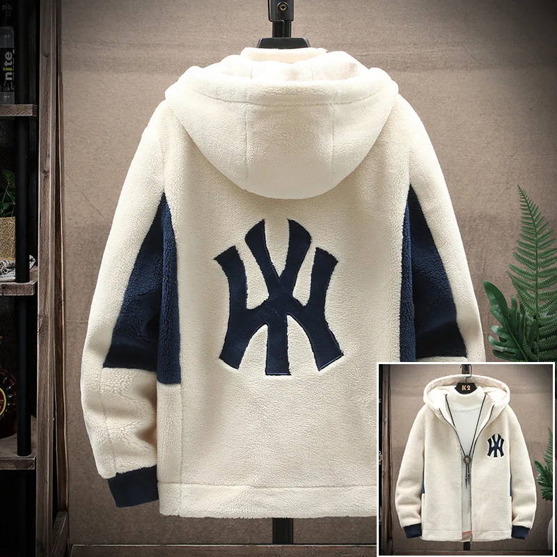 Men's  Embroidery Logo High-grade Cashmere Color Matching Casual Hooded Zipper Fashion Warm Winter Thick Jacket