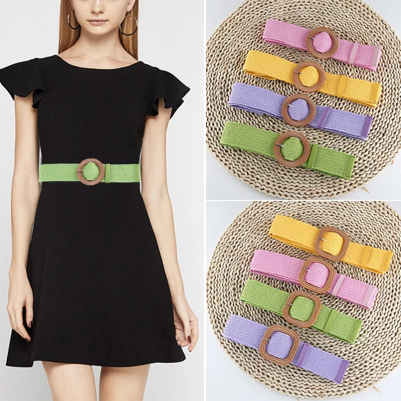 

Luxury Brand Women Straw Braided Belt Round Square Buckle Woven Belt Elastic PP straw Wide Waistband Boho Dress Decorative Belt
