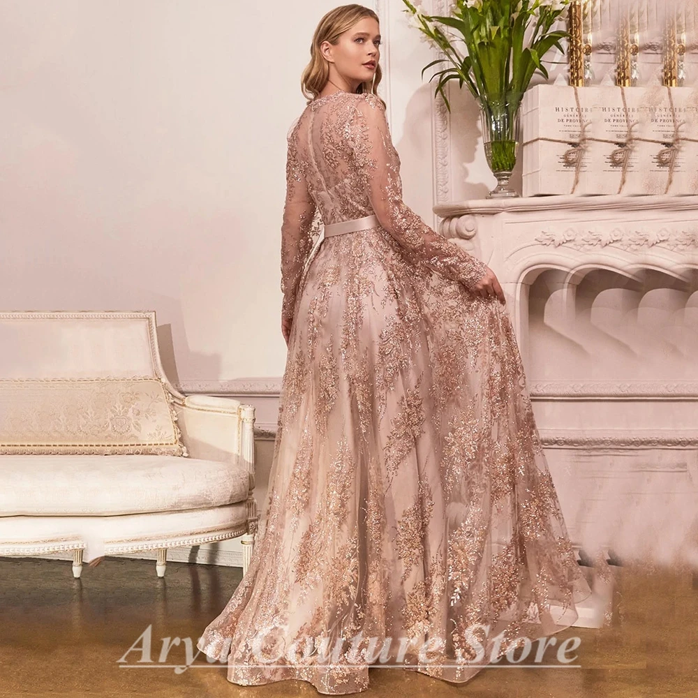 Mother Bride Dresses Women Party Dresses Elegant Rose Gold Mother of the Bride Dresses Bow Belt V-Neck Illusion Long Sleeve A-Line and Floor Length Banquet Mom Gowns