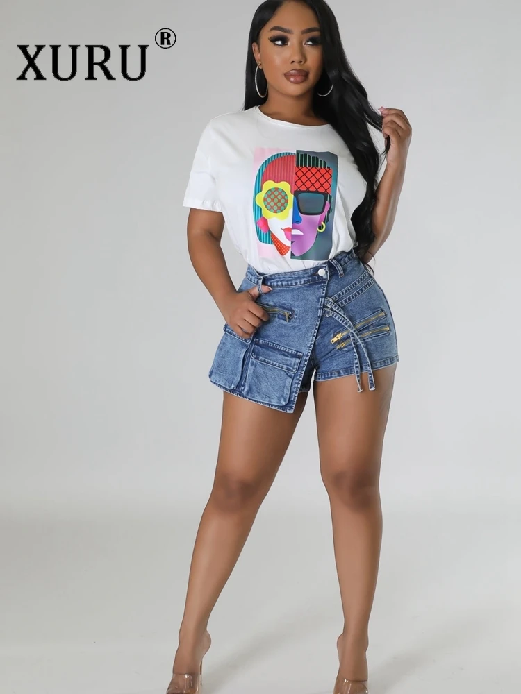 XURU-Multi-pocket Cargo Denim Shorts for Women, Elastic Irregular Booty Jeans, Street Fashion, Y2K, Summer, 2024