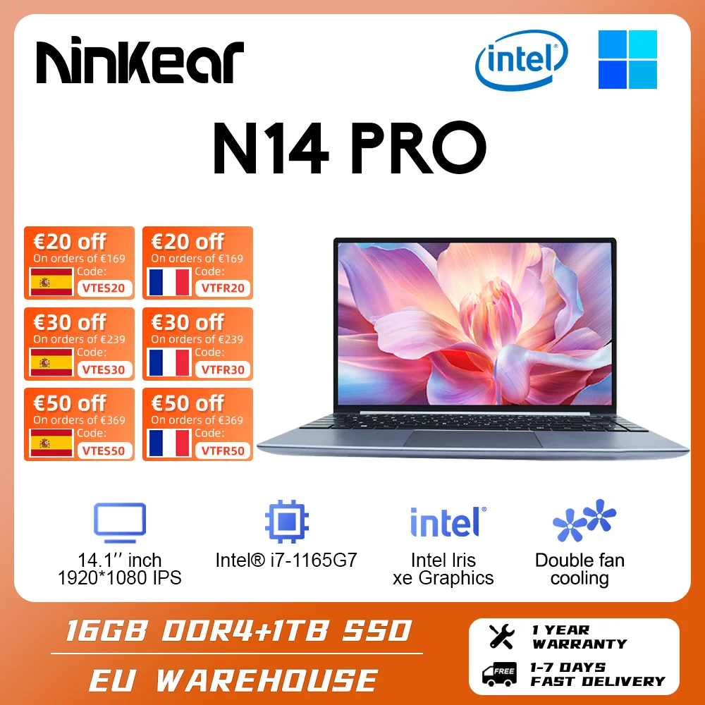Ninkear N14 Pro Laptop 14 Pollici Ips Full Hd Intel Core I7-1165G7 16Gb Ram + 1Tb Ssd Computer Portatile Windows 11 Notebook Ultrabook