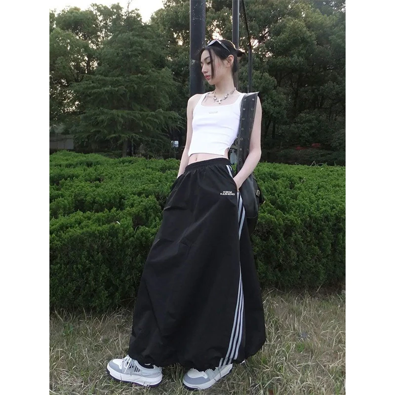 

MEXZT Y2K Striped Cargo Skirt Women S-3Xl Harajuku High Waist Black Midi Skirts Vintage Korean Plus Size Casual A Line Skirt New