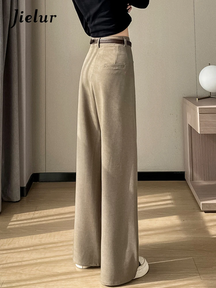 Jielur New Grey Casual Belt Women's Pants High Waist Straight Loose Solid Color Slim Fashion Female Wide Leg Pants Office Lady
