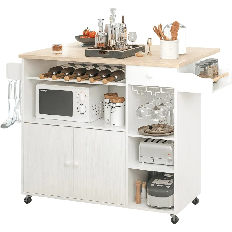 

IRONCK Rolling Kitchen Island Cart with Drop-Leaf and Wine Rack, Microwave Rack Serving Cart on Wheels with Drawer & Shelves