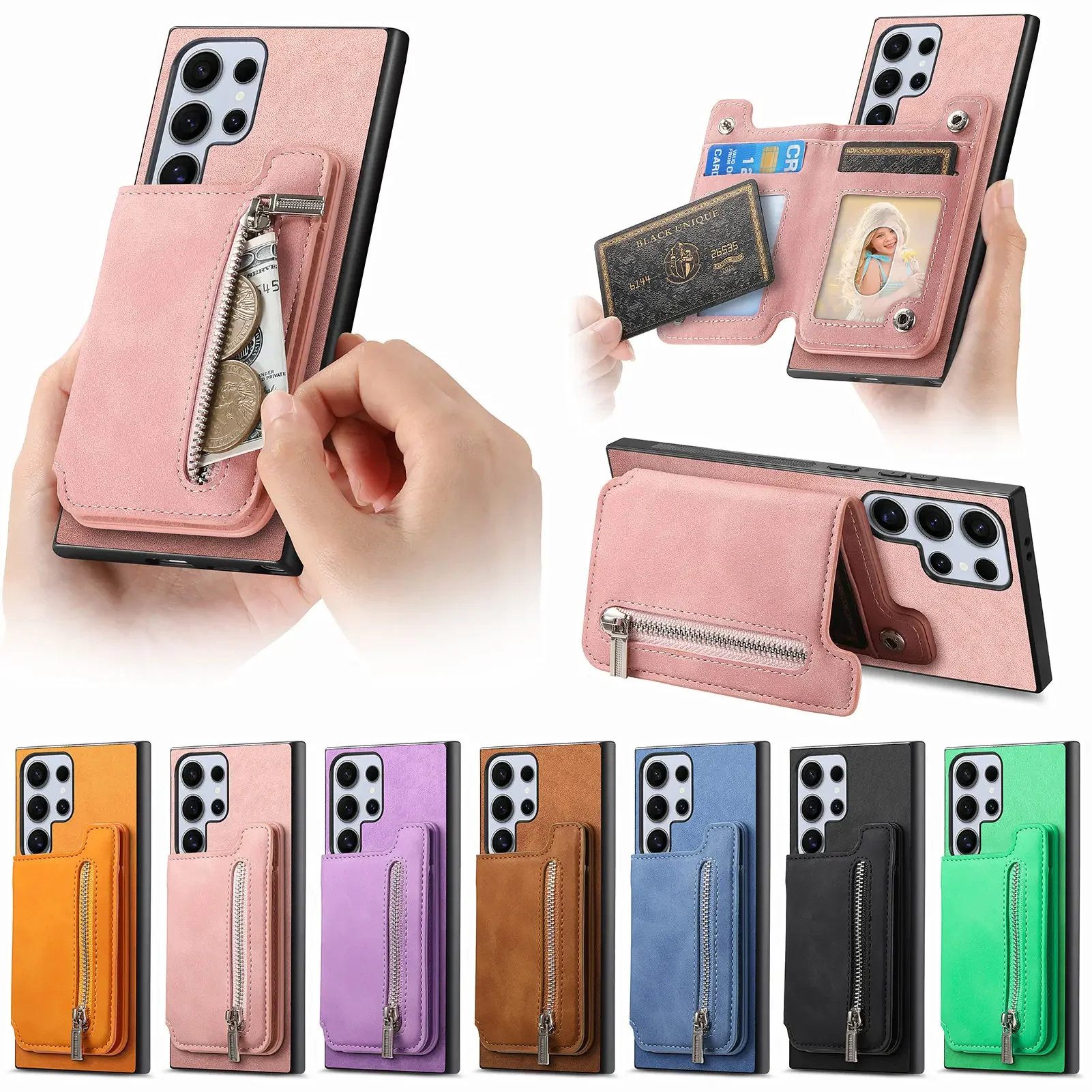 2 in 1 Magnetkarten-Solt-Reißverschluss-Geldbörse Abnehmbare Lederhülle für Samsung Galaxy S24 Ultra S23 Plus A05 A55 A15 A25 Taschenabdeckung_voghion.com