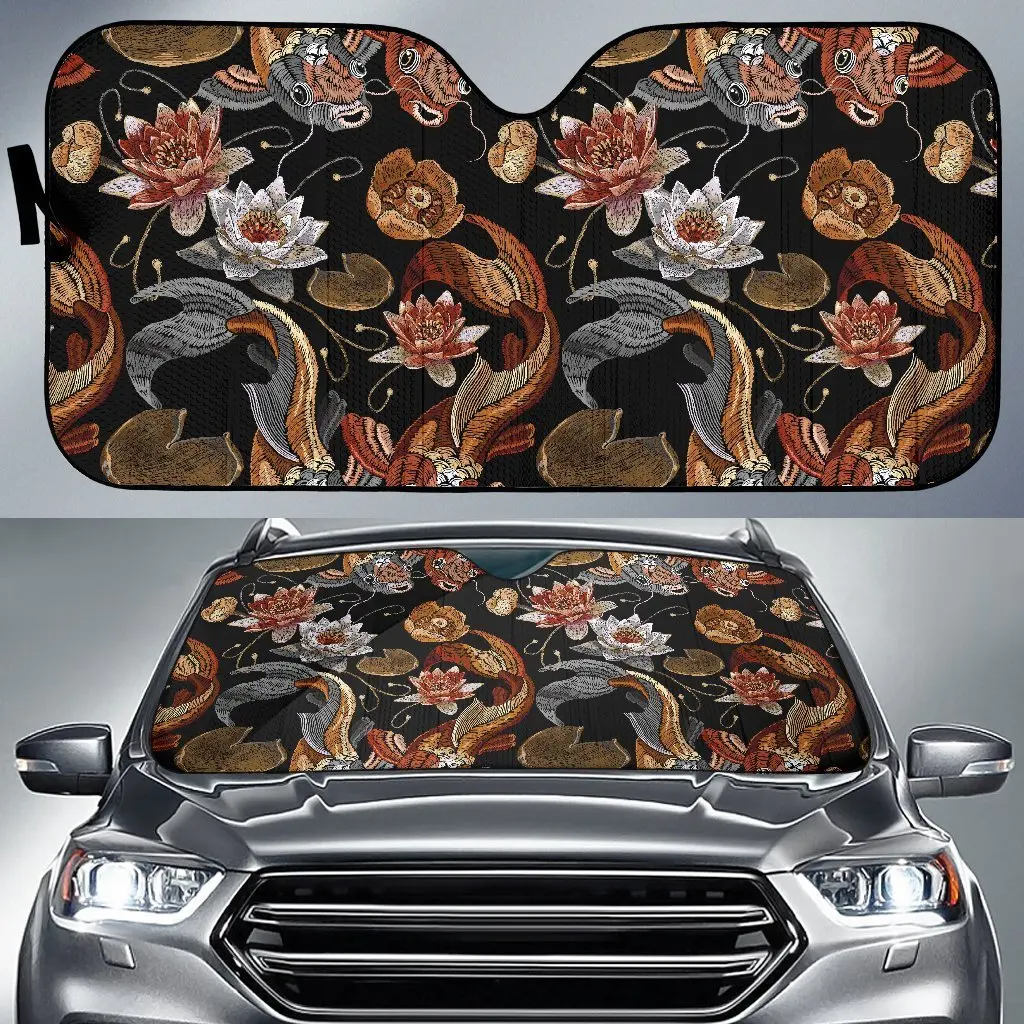 

Koi Fish Crochet Lotus Pattern Print Auto Sun Shade Car Windshield Window Cover Sunshade