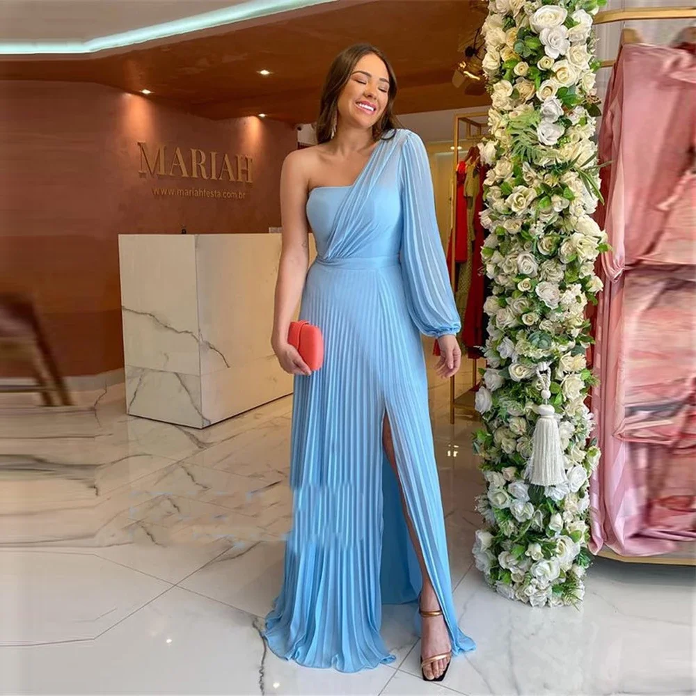 

Elegance Light Sky Blue Chiffon Puffy Long Sleeves Evening Dress Dubai Sexy Slit Prom Dresses 2024 Plus Size Formal Gown