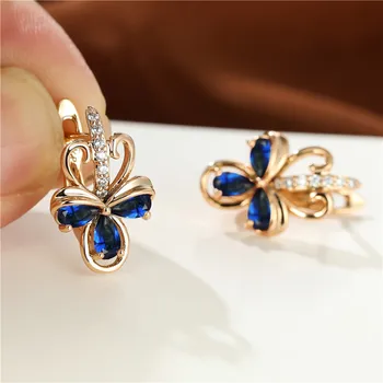 Charm Female Blue Zircon Stone Flower Clip Earrings Vintage Gold Color Wedding Jewelry For Women