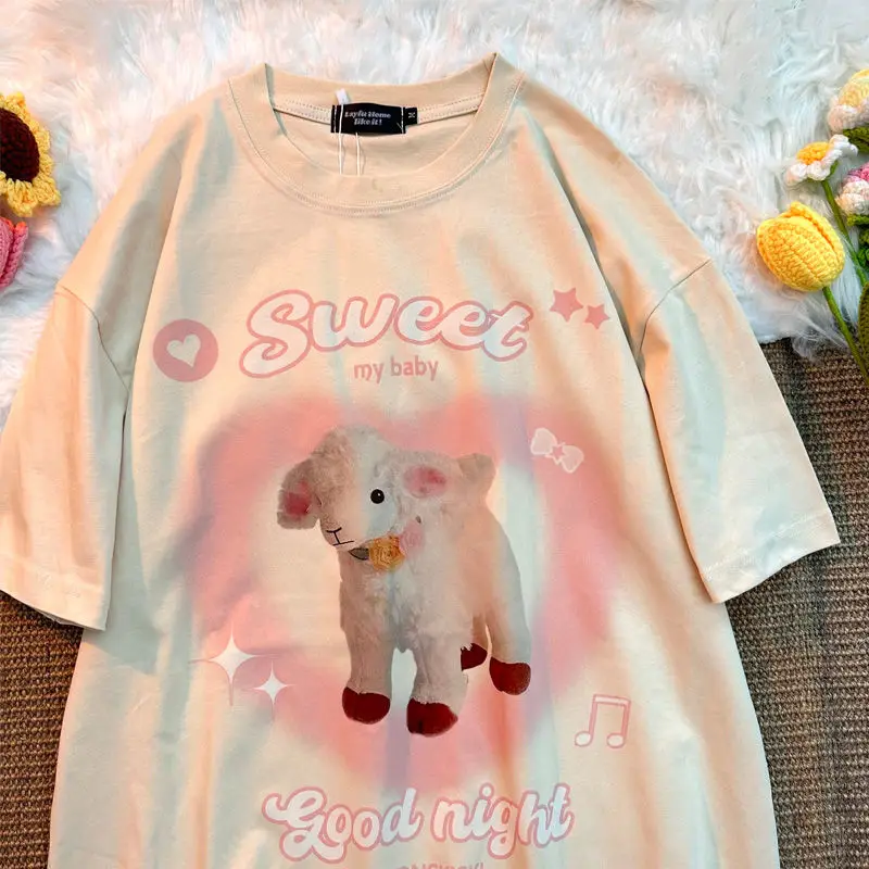 

Cotton summer 2023 new lamb love heart short sleeved t-shirt female loose Japanese retro sweet cute tops ins y2k top harajuku
