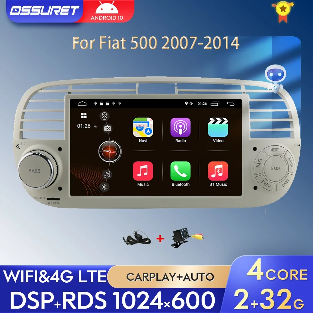 2G 32G Android 10 Autoradio Lettore Multimediale Stereo Per Fiat 500 Navigazione Gps Carplay Auto Radio Swc Rds Dsp