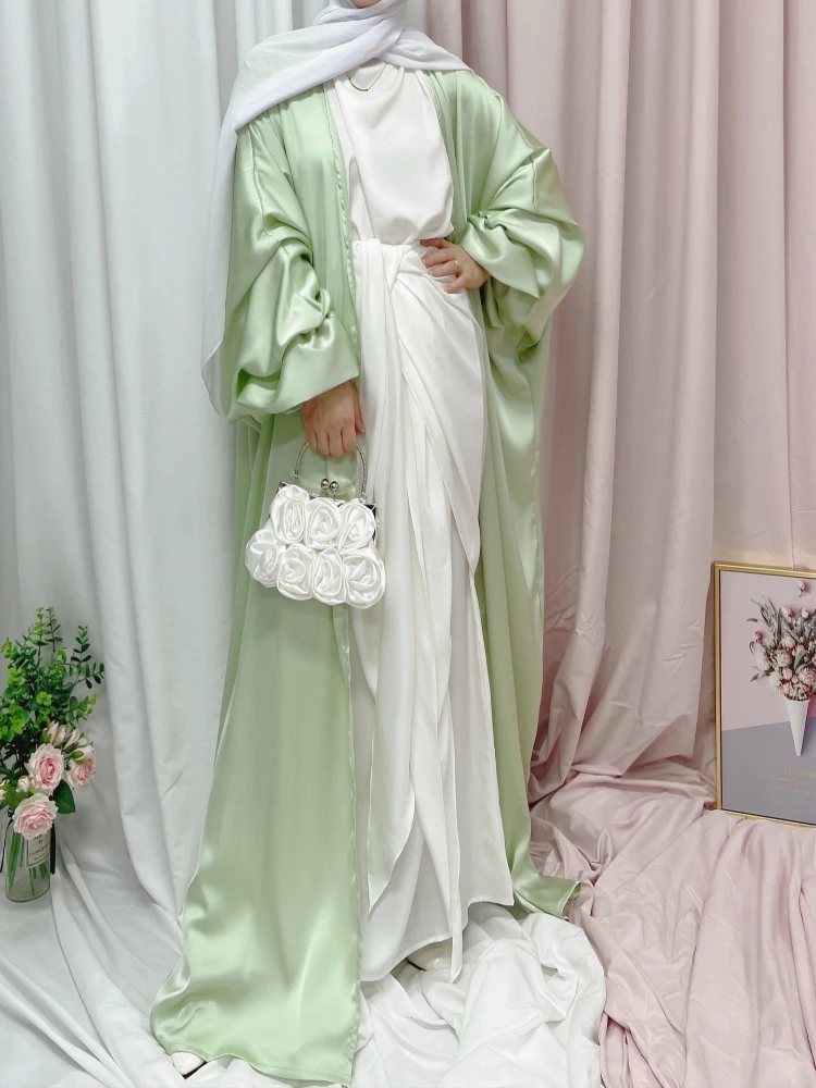 

Rose Satin Abaya Kimono Muslim Fashion Hijab Dress Bubble Sleeve Open Abayas For Women Dubai Turkey Modest Islam Clothes Kaftan