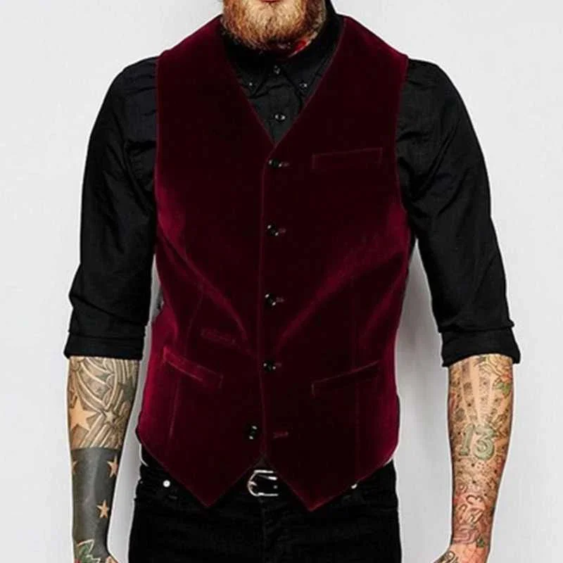 Burgundy Velvet Vest for Men Suit V Neck Single Breasted 1 Piece Casual Male Waistcoat New Fashion Coat 3