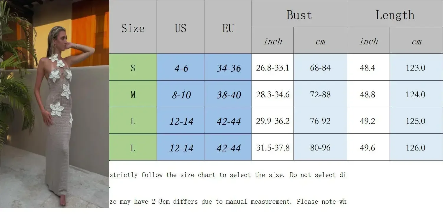 Sexy Knitted 3d Flower Halter Long Dress Women Crochet Hollow Out Sleeveless Blue Maxi Dresses New Lady Beach Vacation Robe